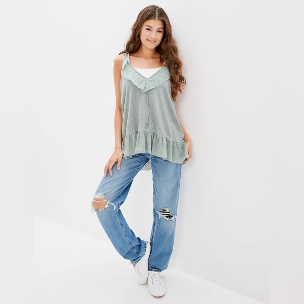 NWOT American Eagle Outfitters AE Sage Green Ruffle Peplum Hem V Neck Tank Top S
